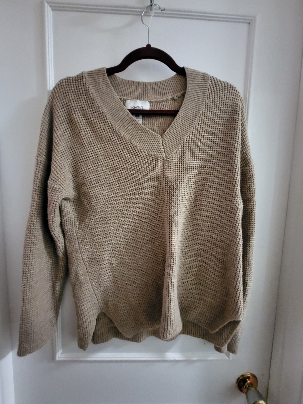 Kersh Waffle Knit V-Neck Sweater Tan Beige Merino Wool Blend Medium